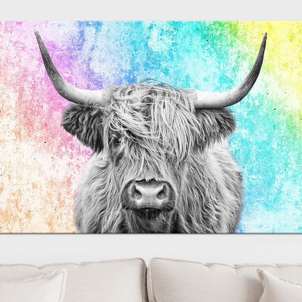 Highland Cow on a Rainbow Background Canvas Print, Modern Minimalism, LGBT Wall Art, LGBT Gift, Rainbow Canvas Art