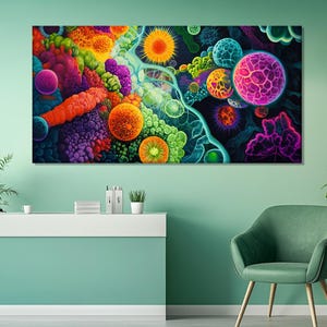 Può includere: Una vivace stampa su tela astratta con un design colorato di tipo microscopico. L'opera d'arte presenta una varietà di forme e trame nelle tonalità dell'arancione, del viola, del verde e del blu, creando un pezzo dinamico e visivamente accattivante.