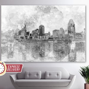 May include: A black and white watercolor illustration of a city skyline with buildings reflected in the water. The skyline is set against a cloudy sky with a watercolor effect.