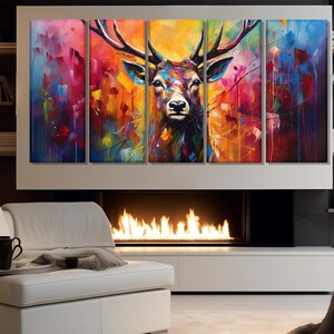 May include: A multi-panel canvas print featuring a colourful abstract painting of a deer's head. The deer is depicted in a vibrant palette of blues, greens, oranges, and reds, with a blurred background.