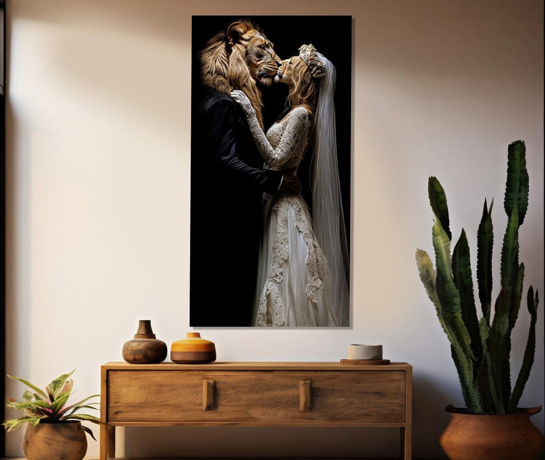 Lion and Lioness Wedding Kiss Canvas Print, Romantic Wall Art, Bedroom ...
