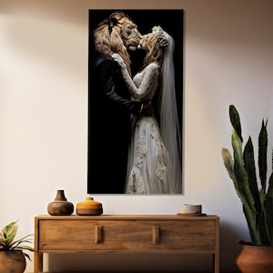 Löwe und Löwin Hochzeit Kuss Leinwanddruck, romantische Wandkunst, Schlafzimmer Wanddekor, Löwen Paar Malerei, verliebter Löwe und Löwin Poster