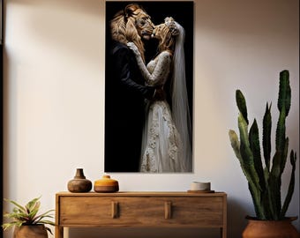 Canvasafdruk leeuw en leeuwin bruiloft kus, romantische muurkunst, slaapkamer muur decor, leeuwen paar schilderij, leeuw en leeuwin verliefd poster