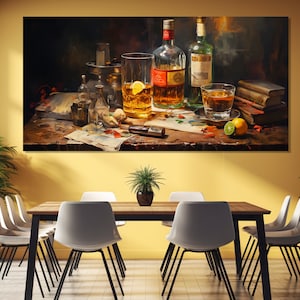 Alcohol Still Life Painting Printed on Canvas, Whiskey Canvas Print, Kitchen Wall Decor, Restaurant Decor, Alcohol Wall Art