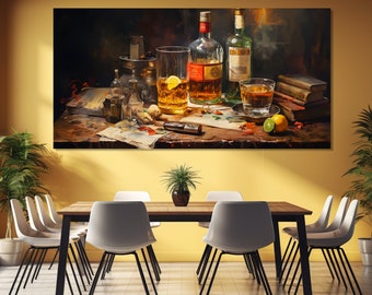 Alcohol Still Life Painting Printed on Canvas, Whiskey Canvas Print, Kitchen Wall Decor, Restaurant Decor, Alcohol Wall Art
