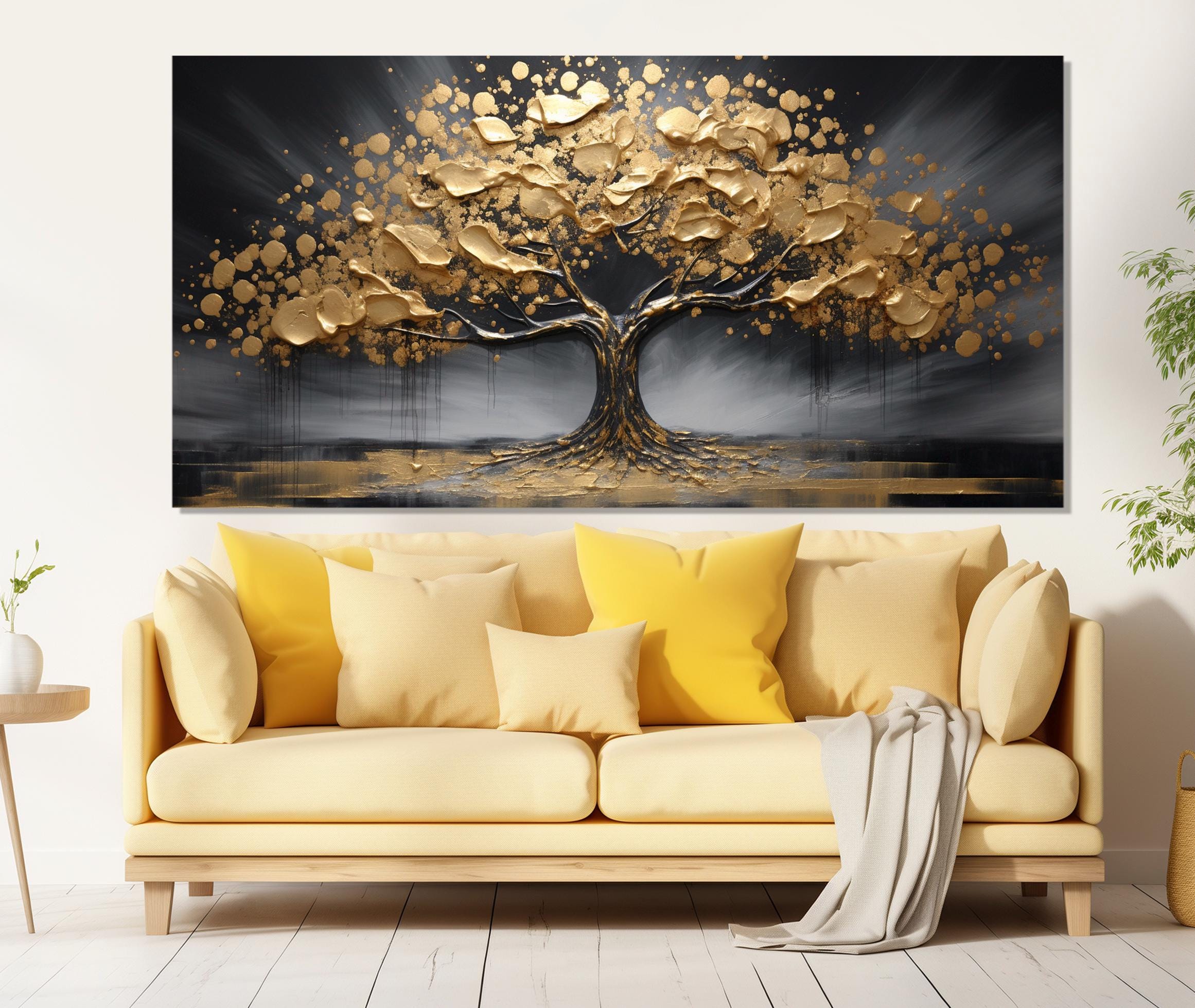 Gold Leaves Tree Painting Canvas Print, Gold Tree Blossom Poster, Gold ...