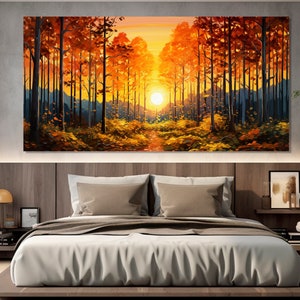 Goldener Herbstwald Sonnenuntergang Gemälde auf Leinwand gedruckt, großer Wald Leinwanddruck, Wald Wandkunst, Schlafzimmer Wandkunst, Falls Leinwandkunst