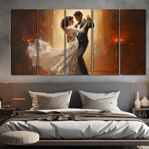 May include: A painting of a couple dancing in a dimly lit room. The woman is wearing a white dress and the man is wearing a black suit. The painting is split into five panels.