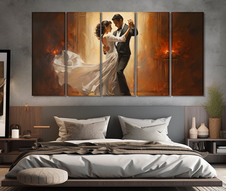 May include: A painting of a couple dancing in a dimly lit room. The woman is wearing a white dress and the man is wearing a black suit. The painting is split into five panels.