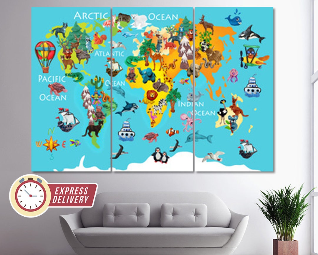 Nursery World Map, Kids World Map Canvas Print, World Map Wall Art ...
