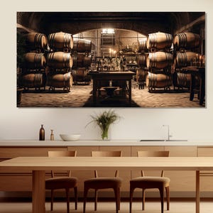 Vintage Wine Cellar Canvas Print, Wine Wall Art, Retro Wine Cellar Painting, Wine Barrels Canvas, Winery Decor, Wine Shop, Kitchen Decor