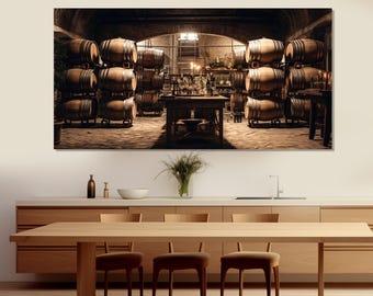 May include: A rustic wooden table with a brown tabletop and four chairs sits in front of a large canvas print. The print depicts a dimly lit wine cellar with stacked wooden barrels.