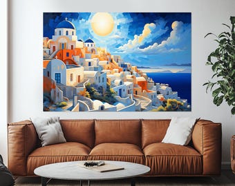 Oia Town on Santorini island Painting Printed on Canvas, Greece Canvas Art, Santorini Skyline, Santorini Canvas Print, Santorini Wall Art
