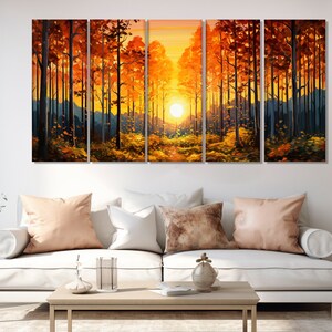 Golden Autumn Forest Sunset Painting Printed on Canvas, Large Forest ...