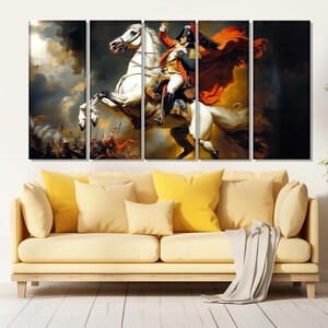 May include: A multi-panel canvas print depicting a historical painting of a man on horseback. The man is wearing a red cape and a military uniform. The horse is white and is galloping through a dramatic sky.