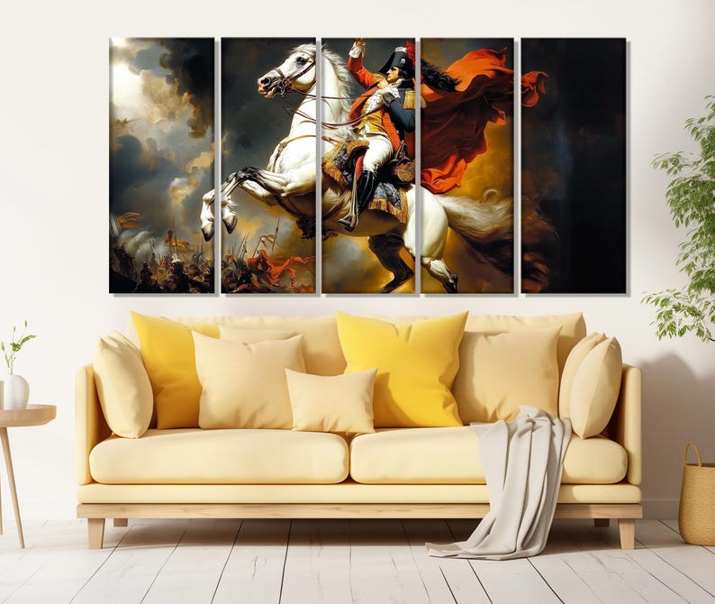 May include: A multi-panel canvas print depicting a historical painting of a man on horseback. The man is wearing a red cape and a military uniform. The horse is white and is galloping through a dramatic sky.