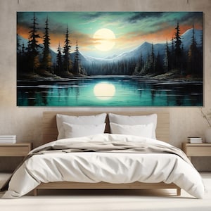 Full Moon over Forest Lake Painting Printed on Canvas, Mountain Lake Canvas Print, Scenic Moon in Forest Lake Wall Art, Green Landscape