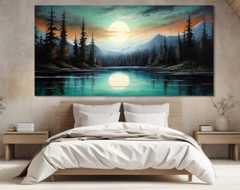 Peinture imprimée sur toile Pleine lune au-dessus du lac de la forêt, impression sur toile lac de montagne, art mural pittoresque lune dans le lac de la forêt, paysage verdoyant