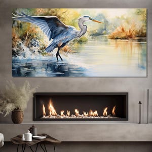 Dipinto astratto di airone stampato su tela, poster di airone, arte murale di uccelli, stampa su tela di airone, stampa di airone sul lago, arte murale di aironi