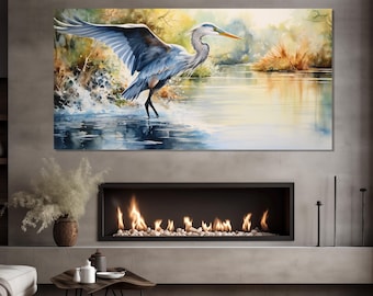 Abstract Heron Painting Printed on Canvas, Heron Poster, Birds Wall Art, Heron Canvas Print, Heron on the Lake Print, Herons Wall Art
