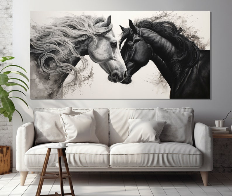 Romantic White and Black Horses Painting Printed on Canvas, Horses in ...