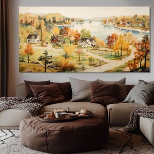 Toni neutri Villaggio sul lago Dipinto ad acquerello stampato su tela, Arte murale della natura in stile scandinavo, Poster minimalista del lago autunnale