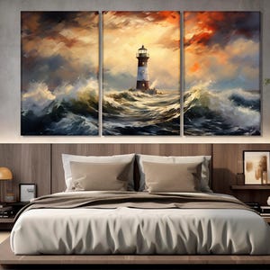 Scenic Lighthouse in Storm Painting Printed on Canvas, Nautical Canvas Print, Storm Sea Sunset Painting, Lighthouse Poster