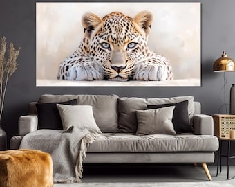 Bonita pintura de leopardo impresa en lienzo, arte mural de vida salvaje africana, arte mural de leopardo, decoración de pared para habitación de niños, póster de leopardo, arte mural de animales