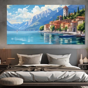 Como Lake Painting Printed on Canvas, Beautiful Como Canvas Print, Italy Wall Art, Scenic Como Painting, Italian Lake Canvas Art