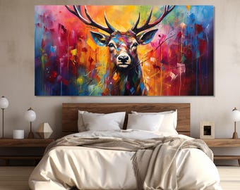 Colorful Deer Painting Printed on Canvas, Abstract Deer Canvas Print, Stag Poster, Deer Wall Art, Stag Canvas Print