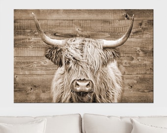 Sepia Highland Cow on Wood Canvas PRINT, Modern Minimalism, Fashion Canvas Art, Cow Wall Art