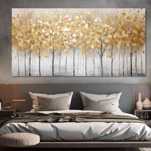 Goldene Bäume Gemälde auf Leinwand gedruckt, Bäume mit Goldblättern Leinwanddruck, Abstrakte Wald Wandkunst, zeitgenössische Luxus Wanddekoration