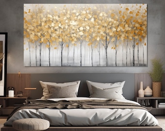 Golden Trees Painting Printed on Canvas, Trees with Gold Leaves Canvas Print, Abstract Forest Wall Art, Contemporary Luxury Wall Decor