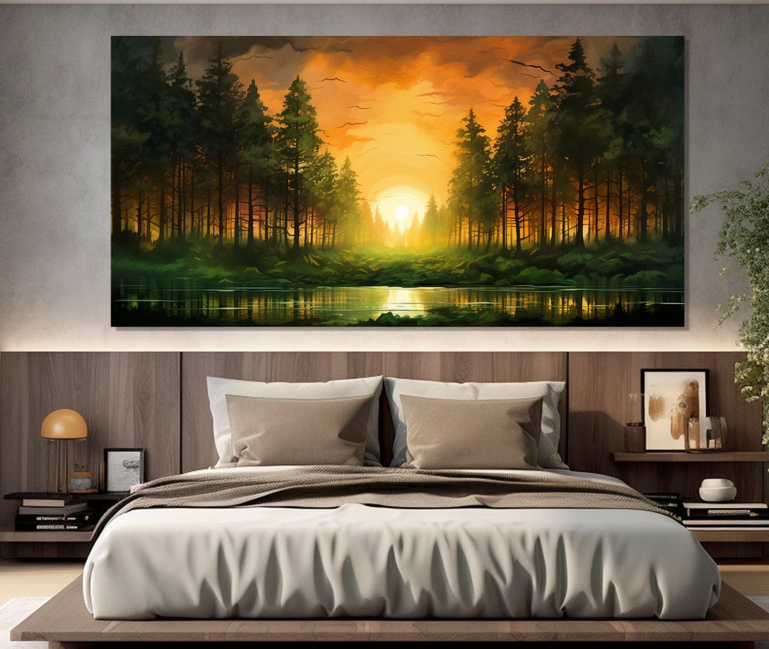 Forest Lake Sunset Painting Printed on Canvas, Large Forest Canvas ...