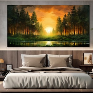 Wald See Sonnenuntergang Gemälde auf Leinwand gedruckt, großer Wald Leinwanddruck, Wald Wandkunst, grünes Schlafzimmer Wandkunst, Naturleinwand Kunst