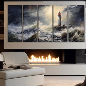 Lighthouse in Storm Painting Printed on Canvas, Scenic Nautical Canvas Print, Storm Sea  Painting, Lighthouse Poster, Storm Canvas Print