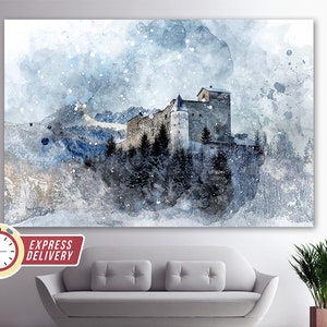 Antikes Schloss in den Alpen Leinwanddruck, mittelalterliches Schloss Kunstwerk, Alpenlandschaft, Leinwandkunst, Schloss, Alpen, Schloss Leinwand