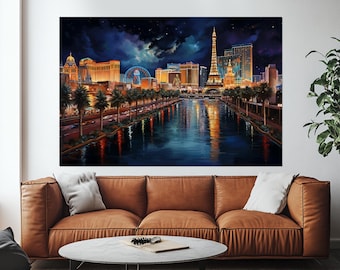Abstract Las Vegas Painting Printed on Canvas, Las Vegas Skyline, Las Vegas Wall Art, Las Vegas Print, Nevada Wall Art, Las Vegas Poster