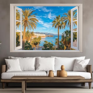 Palma de Mallorca View from Open Window Canvas Print, Mallorca Marina Painting, Faux Window Canvas Art, Mallorca Canvas, Mallorca Wall Art