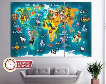 Cartoon World Map, Kids World Map Canvas Print, World Map Wall Art, Kids Room Decor, Children Room Decor, Nursery Wall Art, Kids Map Poster