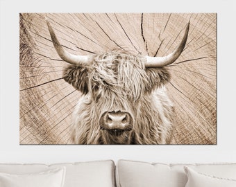 Highland Cow on Wood Canvas PRINT, Modern Minimalism, Fashion Canvas Art, Sepia Cow Wall Art
