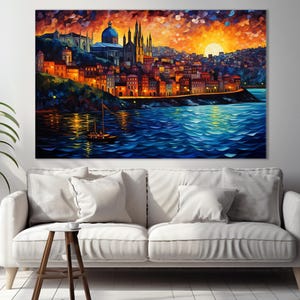 K&ouml;nnte beinhalten: Ein Gem&auml;lde, das eine Skyline einer Stadt bei Sonnenuntergang mit einem Segelboot im Wasser zeigt. Die Stadt ist auf einem H&uuml;gel gebaut und hat eine gro&szlig;e Kirche mit einer Kuppel in der Mitte. Der Himmel ist eine Mischung aus Orange, Rosa und Lila.