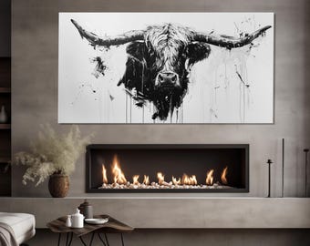Impression sur toile abstraite Texas Longhorn noir et blanc, prête à accrocher