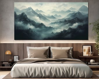 Misty Forest Painting Printed on Canvas, Large Foggy Forest Canvas Print, Fog over Mountains Painting, Bedroom Wall Decor, Foggy Wall Art