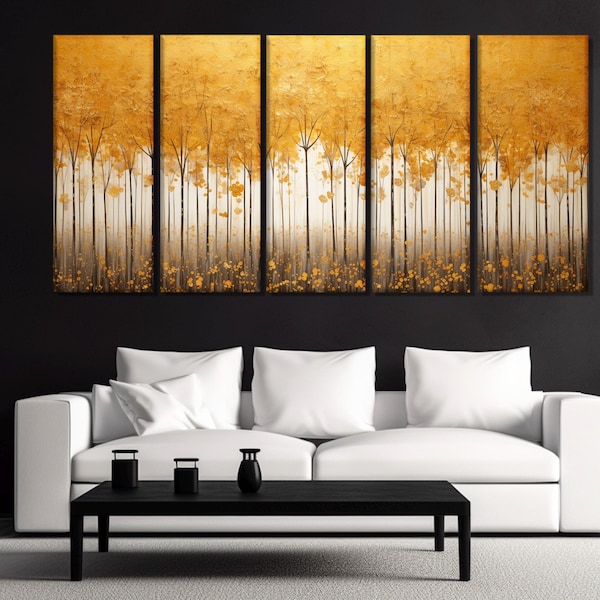 Abstract Trees with Gold Leaves Painting Printed on Canvas, Gold Trees Canvas Print, Luxury Autumn Wall Decor, Abstract Forest Wall Art