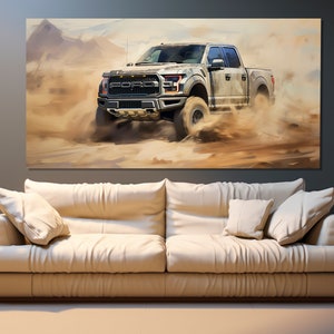 May include: A gray Ford F-150 pickup truck driving through a dusty desert landscape. The truck has a black grille with the word "FORD" in large letters.