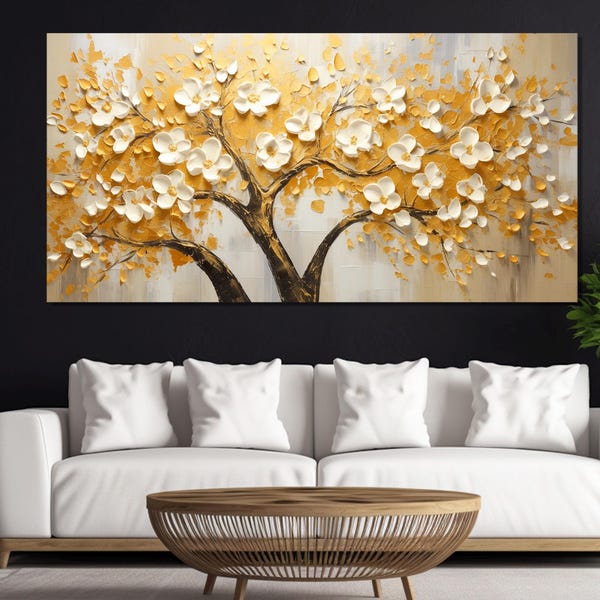 Abstract Gold Blossom Tree Painting Printed on Canvas, White Gold Flowers Bloom Poster, Gold Leaves Tree Print, Yellow Gold Luxury Decor