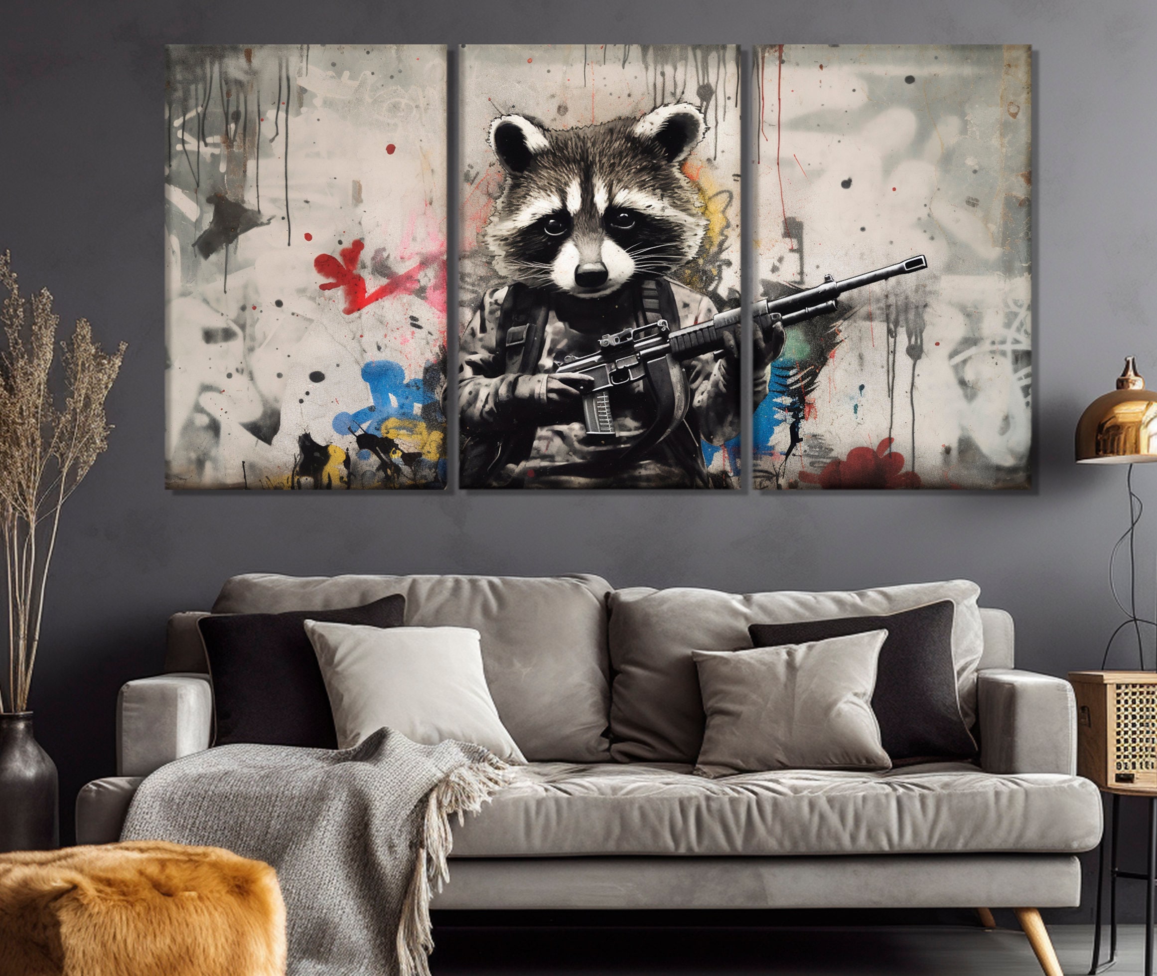 Raccoon With a Gun Graffiti Canvas Print, Raccoon Wall Art, Raccoon ...