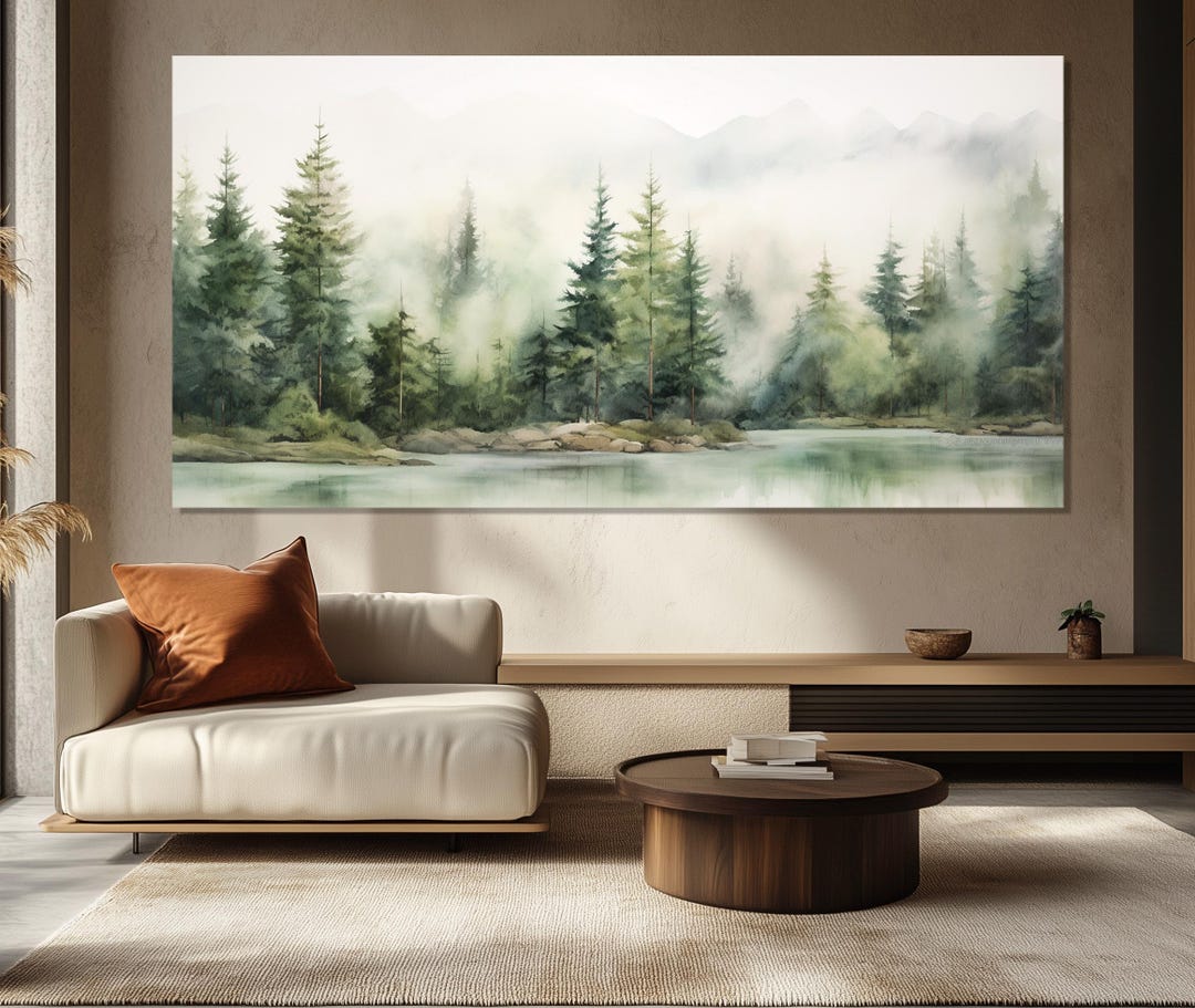 Foggy Pine Forest Wall Art, Soft Tones Nature Canvas Print, Misty Green ...