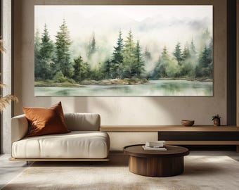 Foggy Pine Forest Wall Art, Soft Tones Nature Canvas Print, Misty Green Forest Watercolor Painting, Fog over Lake Painting, Foggy Wall Art